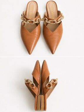 Stuart Weitzman Khole Brown Pointed Toe Crystal Chain Strap Flate Mule